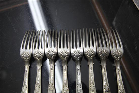 A part suite of George IV silver double struck Coburg pattern flatware, by Eley & Fearn, 98 oz.